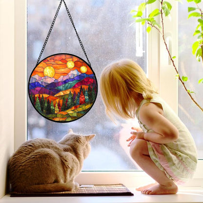 Stained Glass Window Hanging, Sunset Abstract Sun Catchers Colorful Glass Panel Landscape