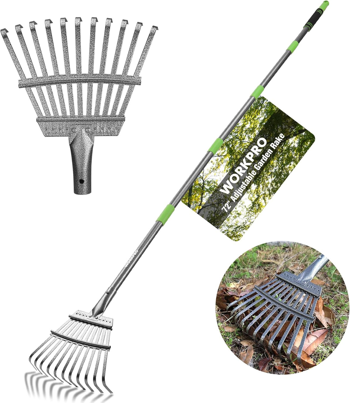 WORKPRO Rake, Small Rake for Leaves with 72” Adjustable Long Handle, 11 Steel Tines, Heavy Duty