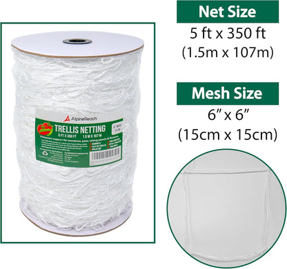 AlpineReach Trellis Netting 5 x 350 ft Heavy Duty Polyester White - 6 Inch Mesh Support Twine for