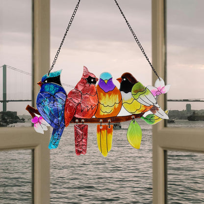 Stained Glass Window Hanging, Birds on A Branch Stain Glass Suncatcher, Hand-Painted Sun Catchers