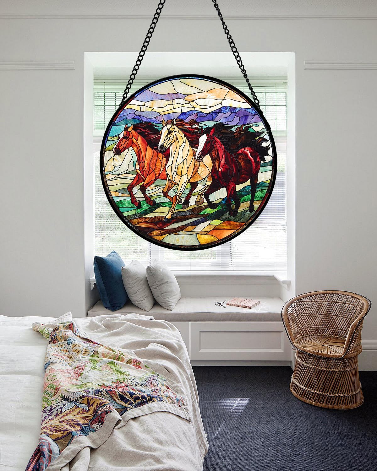 Stained Glass Window Hanging, Galloping Horses Sun Catcher for Door Home Decor Colorful Suncatcher