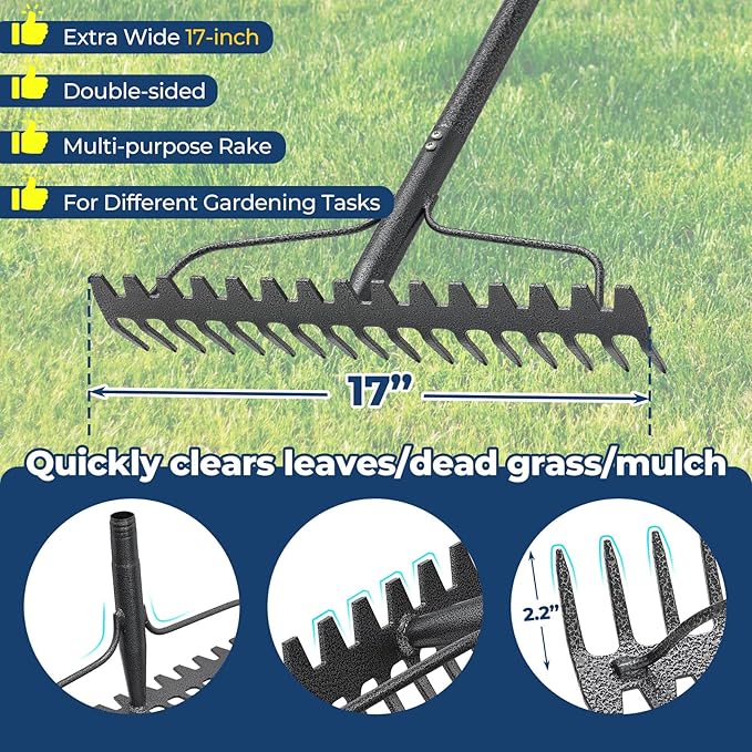 Garden Rake, 17" Extra Wide Double-Sided Head, 63" Heavy Duty Lightweight Stainless Steel Leaf Rake