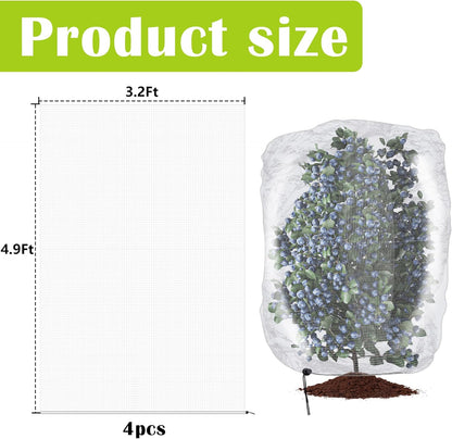 4 Pcs Insect Bird Barrier Tree Net with Drawstring, 4.9 x 3.2 Ft Garden Bird Netting Plant Cover