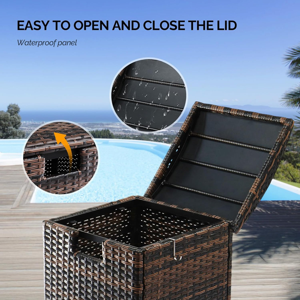 VINGLI 33 Gallon Outdoor Trash Can with Convenient Lid, Rattan Garbage Container with Side Hook