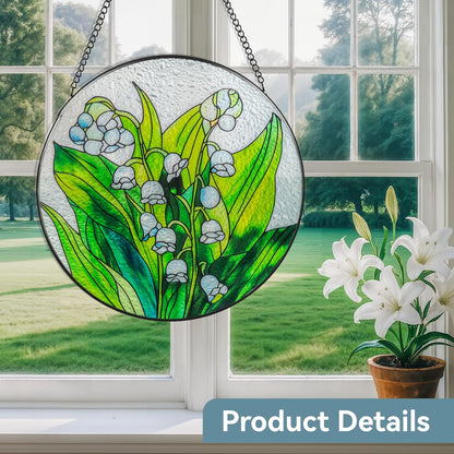 Suncatcher Stained Glass Window Hanging - Flowers Glass Panel with Metal Chain and Hooks Handmade