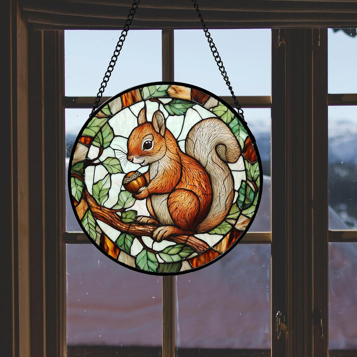 Stained Glass Window Hanging, Squirrel on a Branch Suncatcher Diamond Glass Panel Animal Sun