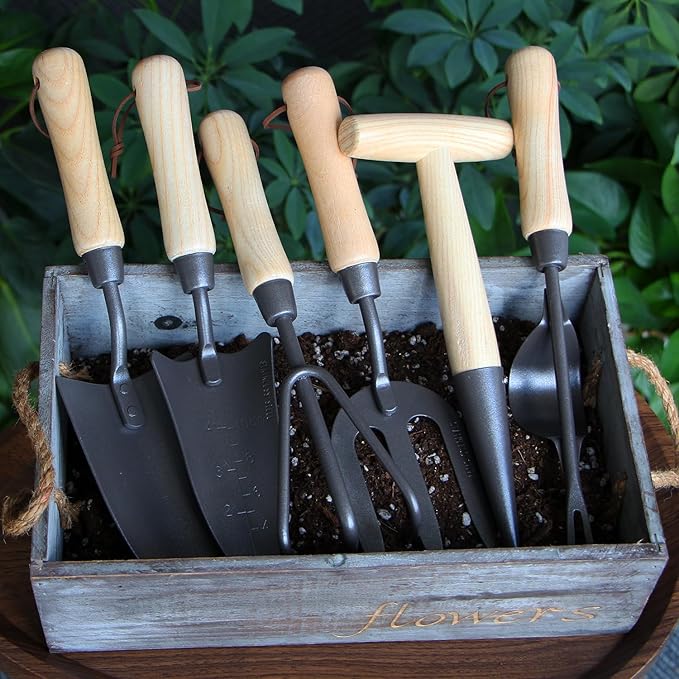 Japanese Gardening Tools Set, 6 Pcs Garden Tools Set, Black Painted Stainless Steel Heavy Duty