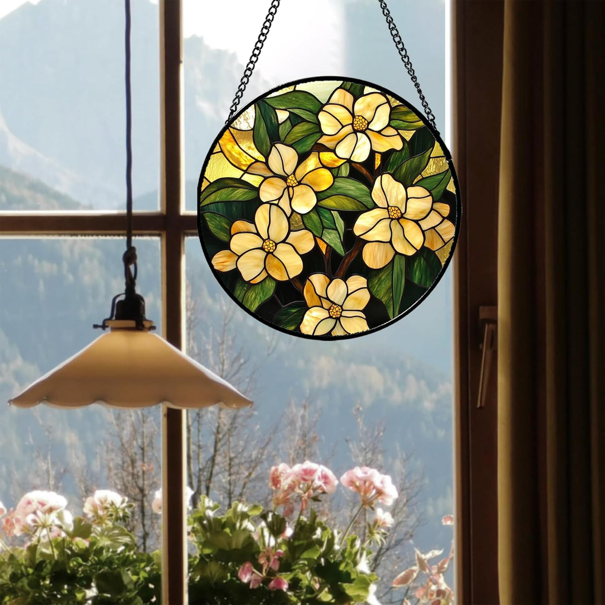 Stained Glass Window Hanging - Yellow Flower Green Leaf Suncatcher for Doors Garden Patio Fall
