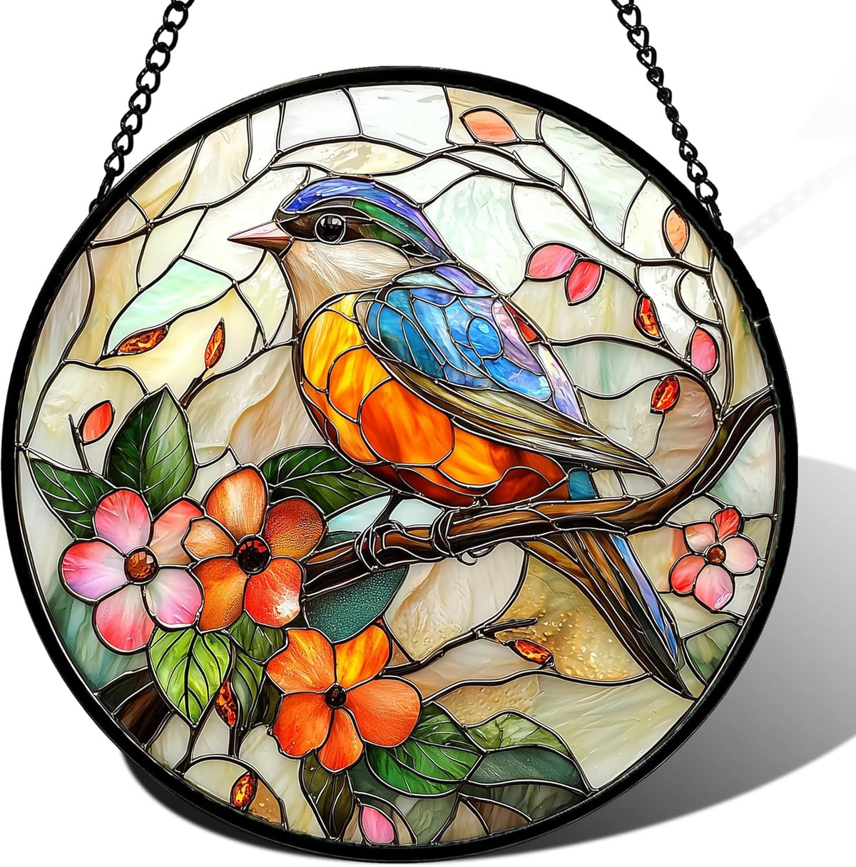 Stained Glass Window Hanging, Blue Bird Pink Flower Suncatcher Diamond Glass Panel Bird Sun