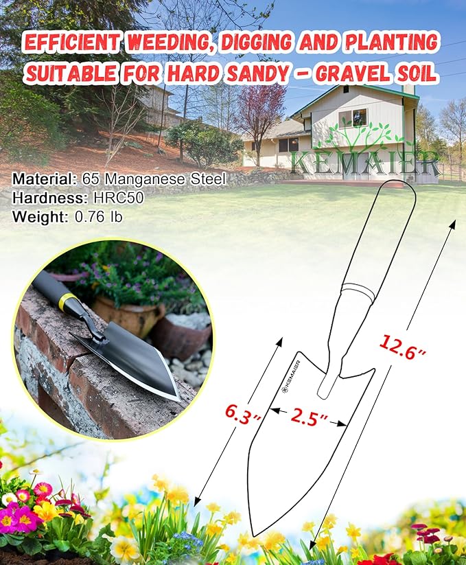 Heavy Duty Gardening Hand Trowel - Carbon Steel Garden Trowel with Rubberized Handle, Ideal for