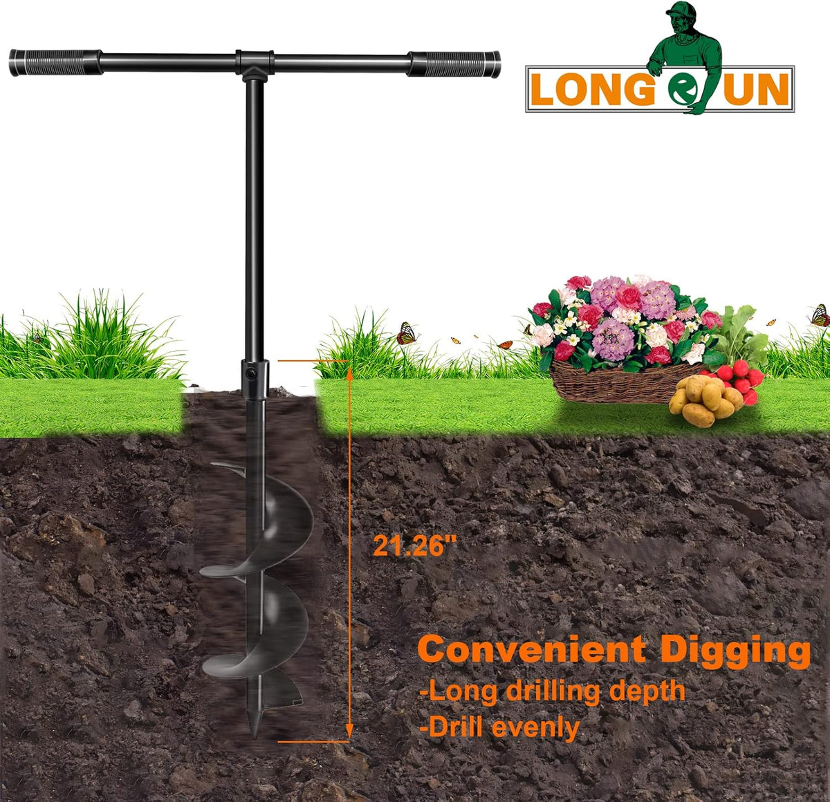 LONGRUN T-Shaped Garden Auger Drill Bit for Planting, Hand Operated Spiral Post Hole Digger, Easy