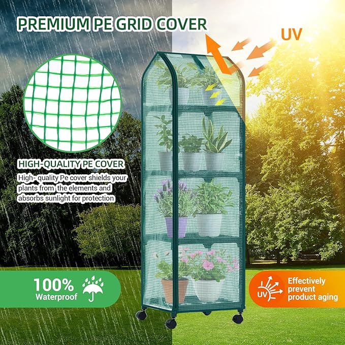 Ohuhu Mini Greenhouse for Indoor Outdoor, Small Plastic Plant Green House with Locking Wheels