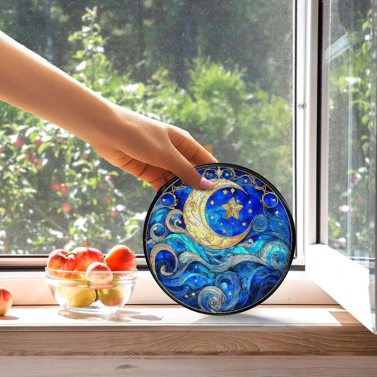 kdqua Moon and Star Suncatcher Stained Glass Window Hanging, Blue Celestial Astronomy Sun Catchers