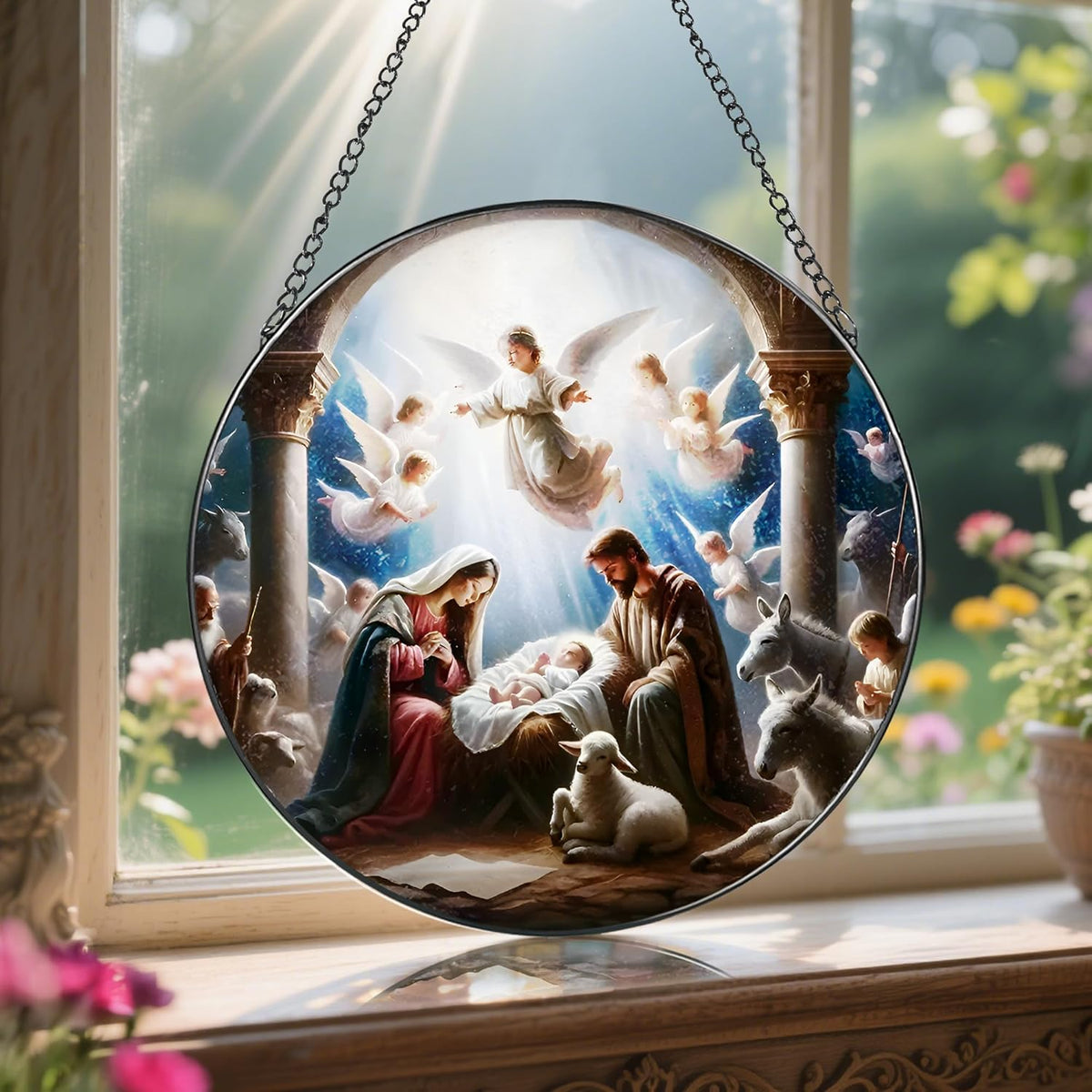 Stained Glass Window Hanging, LAOWEIKI 8'' Nativity Scene Suncatcher, Stained Glass Ornament