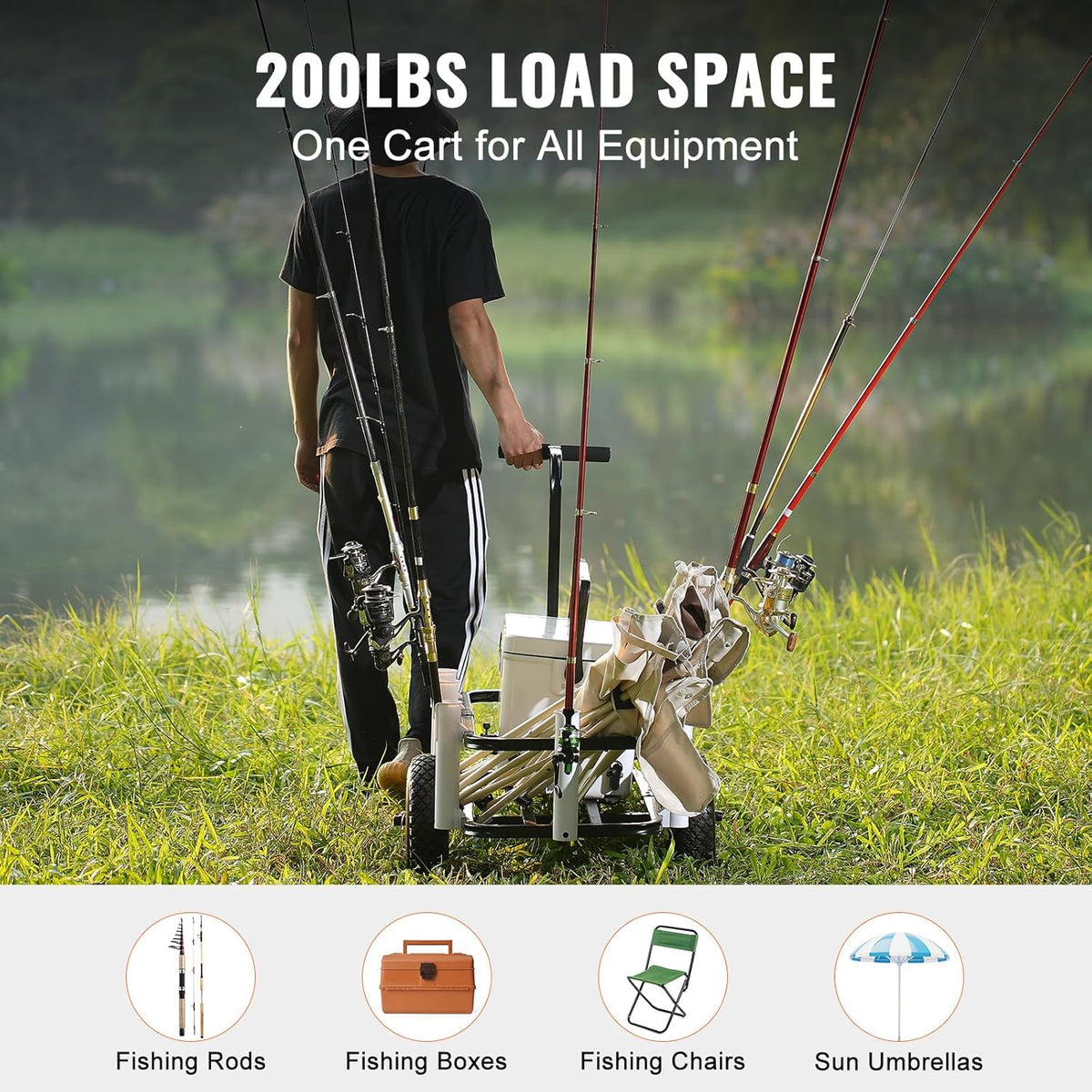 VEVOR Beach Fishing Cart, 200 lbs Load Capacity, Fish and Marine Cart with Two 11" Big Wheels