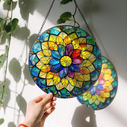 8'' Rainbow Mandala Sun Catcher Ornament, Stained Glass Window Hanging, Sun Catchers for Windows