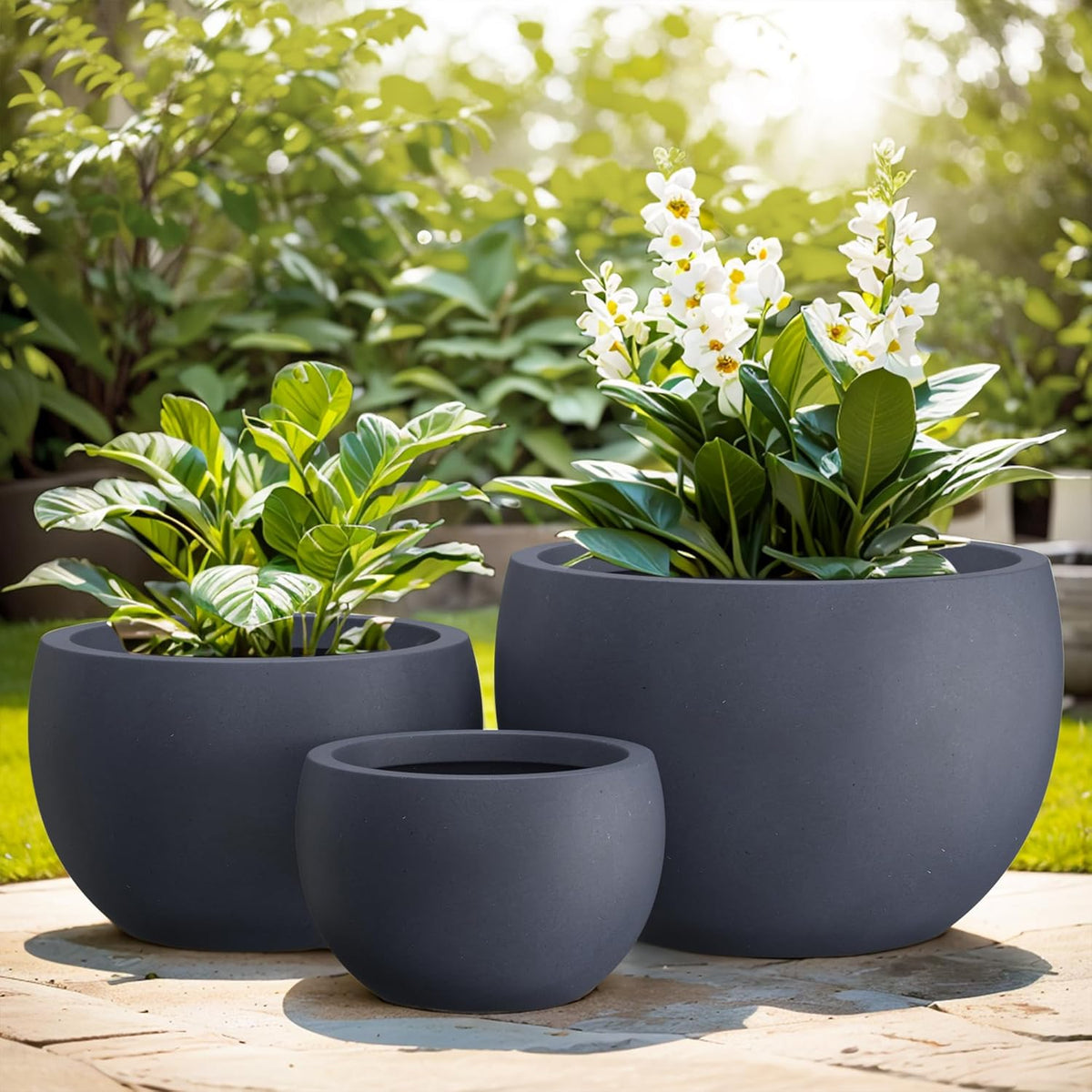 Kante 19.9",15.7",11.8" Dia Round Concrete Planter Set of 3, Outdoor/Indoor Large Bowl Plant Pots
