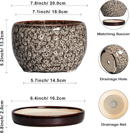 SQOWL Ceramic Planter - 8 inch Plant Pot Indoor with Drainage Hole and Plant Saucer, Round Ceramic