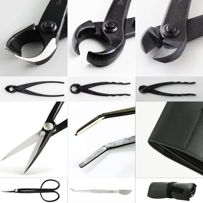 Wazakura Made in Japan 5PCS Bonsai Tool Kit with Roll Bag: Yasugi Steel Twig Bonsai Scissors