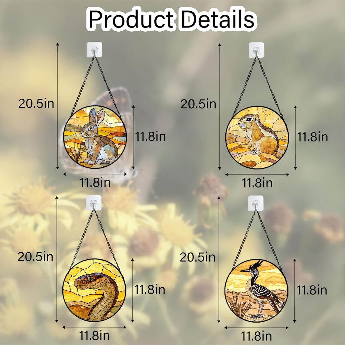 Stained Glass Window Hanging 4 Pcs Set Animals Large 11.8" - Desert Landscape Yellow Suncatcher