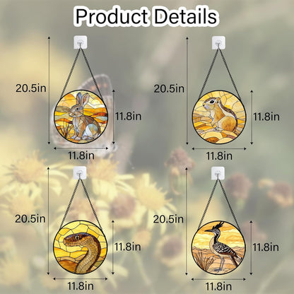 Stained Glass Window Hanging 4 Pcs Set Animals Large 11.8" - Desert Landscape Yellow Suncatcher