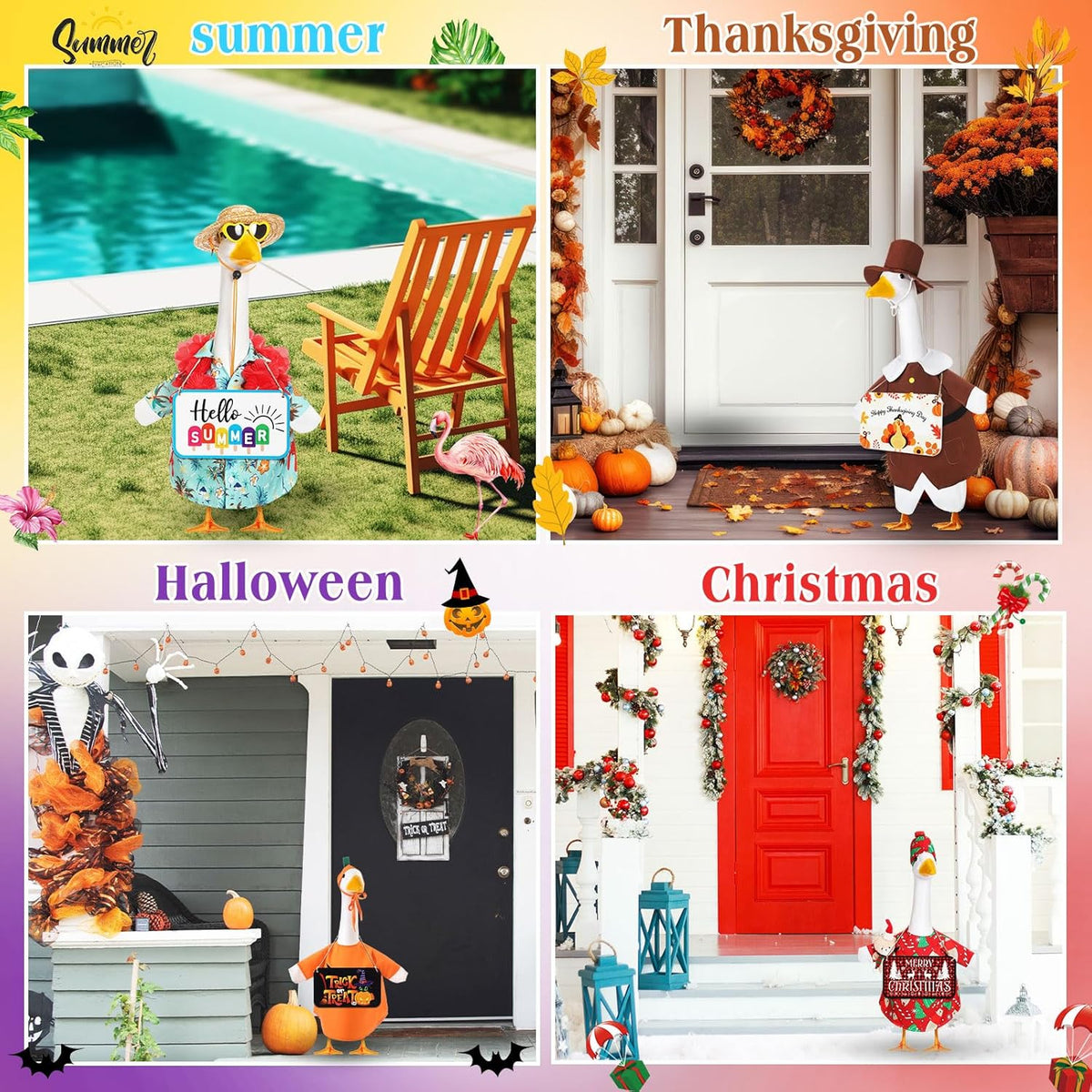 8 Set Seasonal Holiday Goose Outfits Hanging Signs Fall Halloween Christmas Porch Statue Outfits