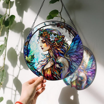 Stained Glass Window Hanging, LAOWEIKI 8'' Fairy Suncatcher, Stained Glass Ornament, Suncatchers