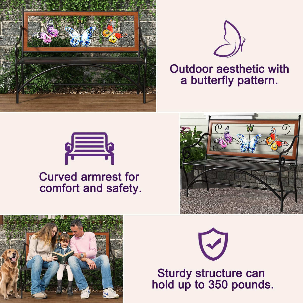 39.7" Outdoor Bench, Garden Bench, Patio Bench with Armrest, Slatted Seat and Butterfly Pattern