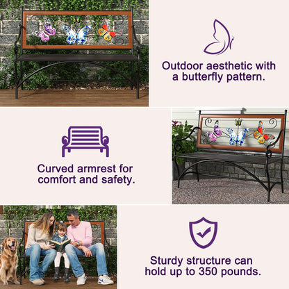 39.7" Outdoor Bench, Garden Bench, Patio Bench with Armrest, Slatted Seat and Butterfly Pattern