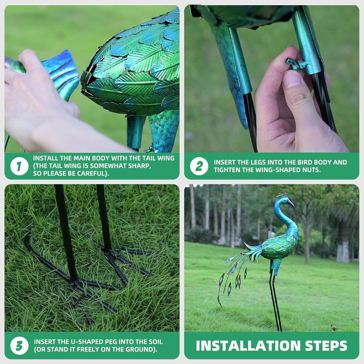 Metal Peacock Statue Yard Decor - Large Iron Peacock 34", Standing Bird Garden Sculptures, Metal