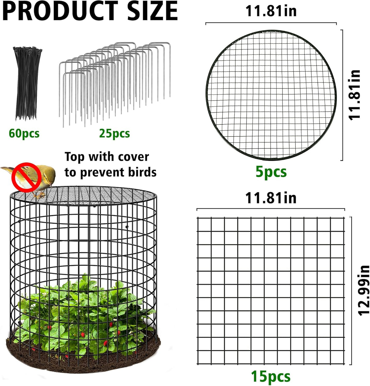 Hi Sasara 5 Sets Wire Plant Protectors Cage with Staples,11.8" Dia x 11.8" H,Plant Protector with
