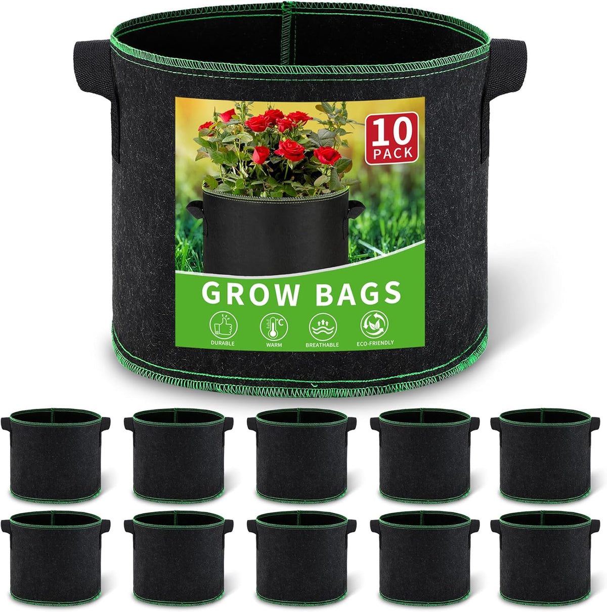5 Gallon Grow Bags, 10 Pack Heavy Duty Aeration Fabric Pots,Thickened Nonwoven Fabric Pots with