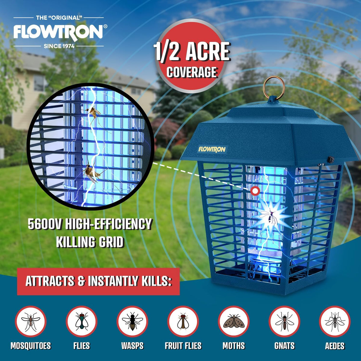 Flowtron Electric Bug Zapper 1/2 Acre Outdoor Insect Control with Dual Lure Method, 15W UV Light &