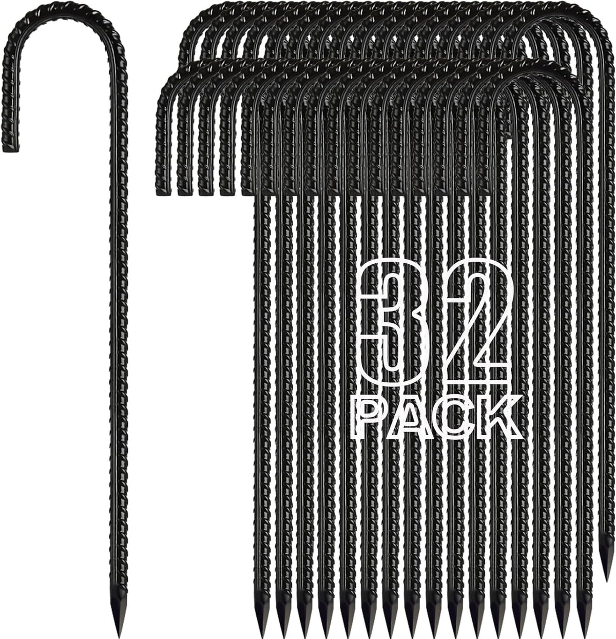 Kadrick 32-Pack Rebar Stakes 12 inch，J Hook Ground Stakes Anchors, Black Galvanized Fence