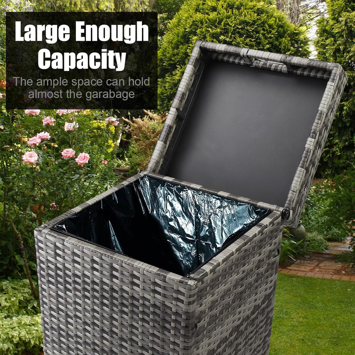 VINGLI Wicker Patio Trash Can, 27 Gallon Rattan Trash Can with Removable Lid, Outdoor Wicker Waste
