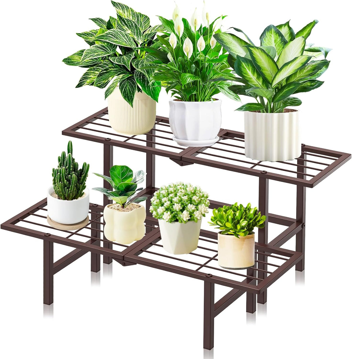 Plant Stand Indoor Outdoor, 2-Tier Foldable Metal Ladder Plant Stands, Stackable Metal Plant Shelf