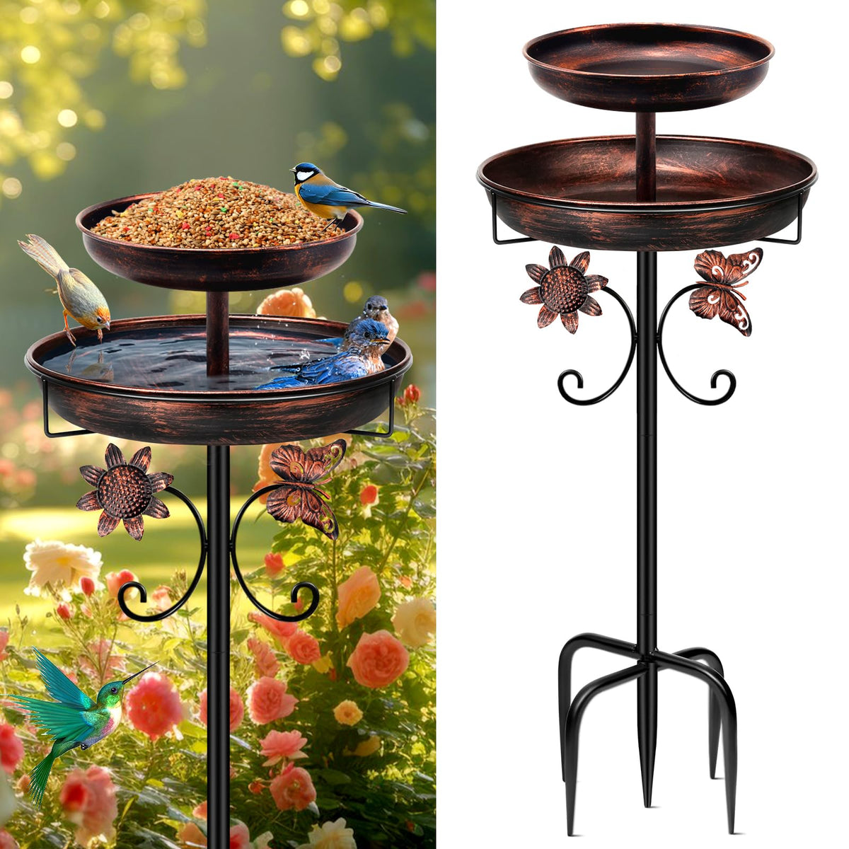 Daoeny Bird Bath for Outside, 42In Vintage Freestanding Birdbaths for Outdoors, Double Metal Bird