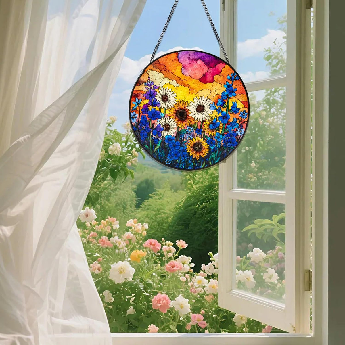 Stained Glass Window Hanging, Daisy Suncatcher for Doors Home Sun Catchers Decoration, Mother's Day