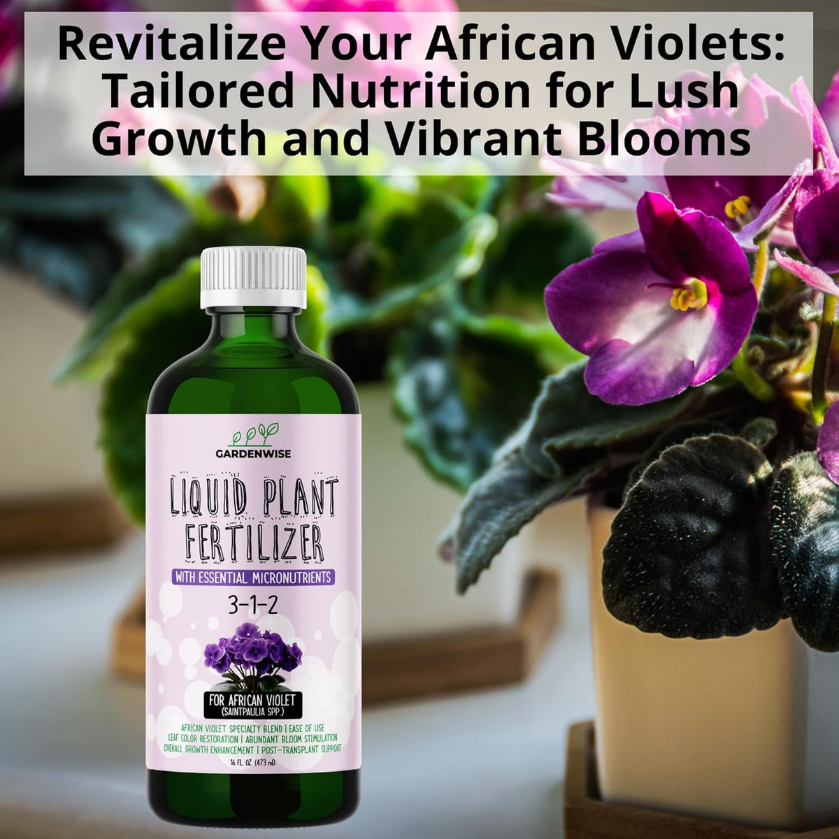 3-1-2 African Violet Fertilizer for Indoor Plants: Liquid Fertilizer with Essential Micronutrients