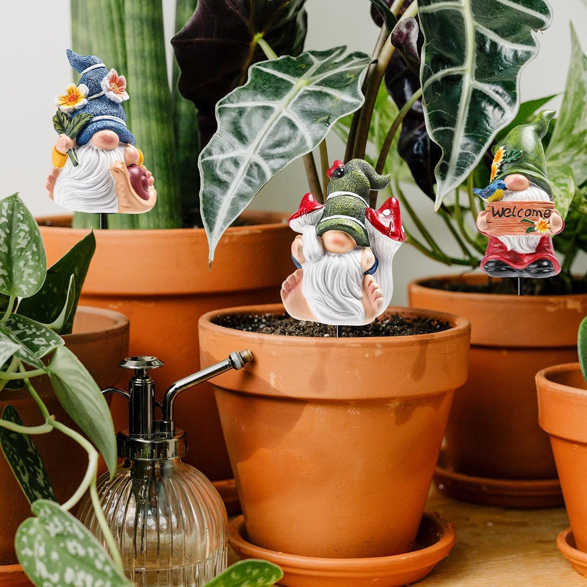 Garden Gnomes Stakes 3 Inch Plant Decorations for Pots Outdoor Statues Indoor 3 Pack Large Garden