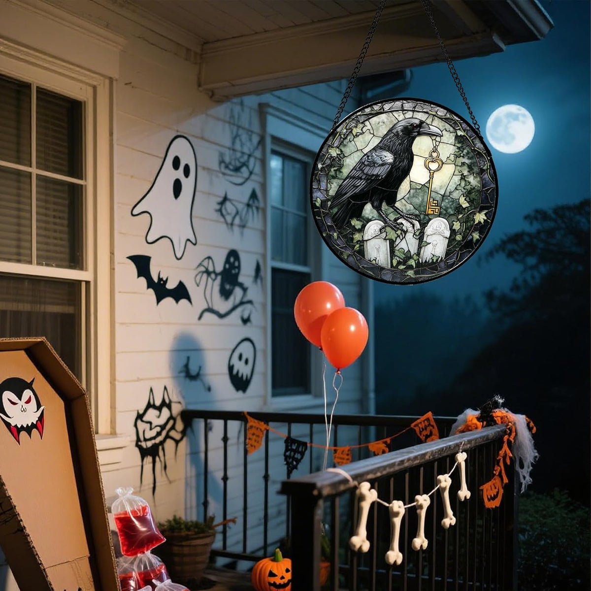Stained Glass Window Hanging - Halloween Crow White Tombstone Suncatcher for Doors Garden Home