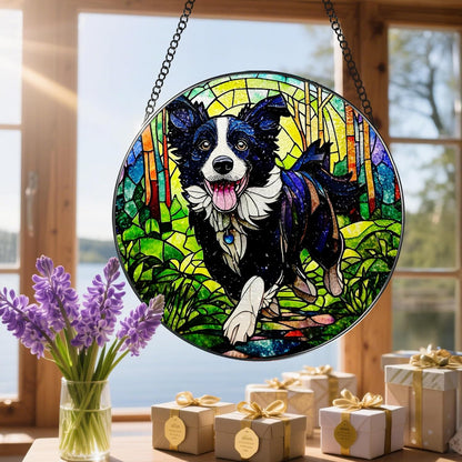 8″ Stained Glass Window Hanging Ornament, Border Collie Stained Glass Suncatcher Ornament