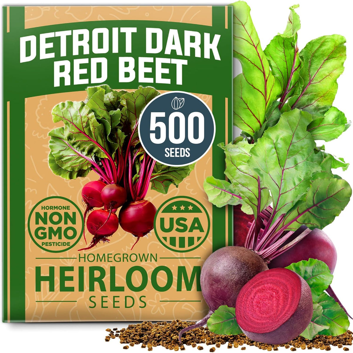 HOME GROWN 𝗨𝗦𝗔 𝗣𝗥𝗘𝗠𝗜𝗨𝗠 Detroit Dark Red Beet Seeds Pack - 500 Heirloom 𝗡𝗢𝗡-𝗚𝗠𝗢