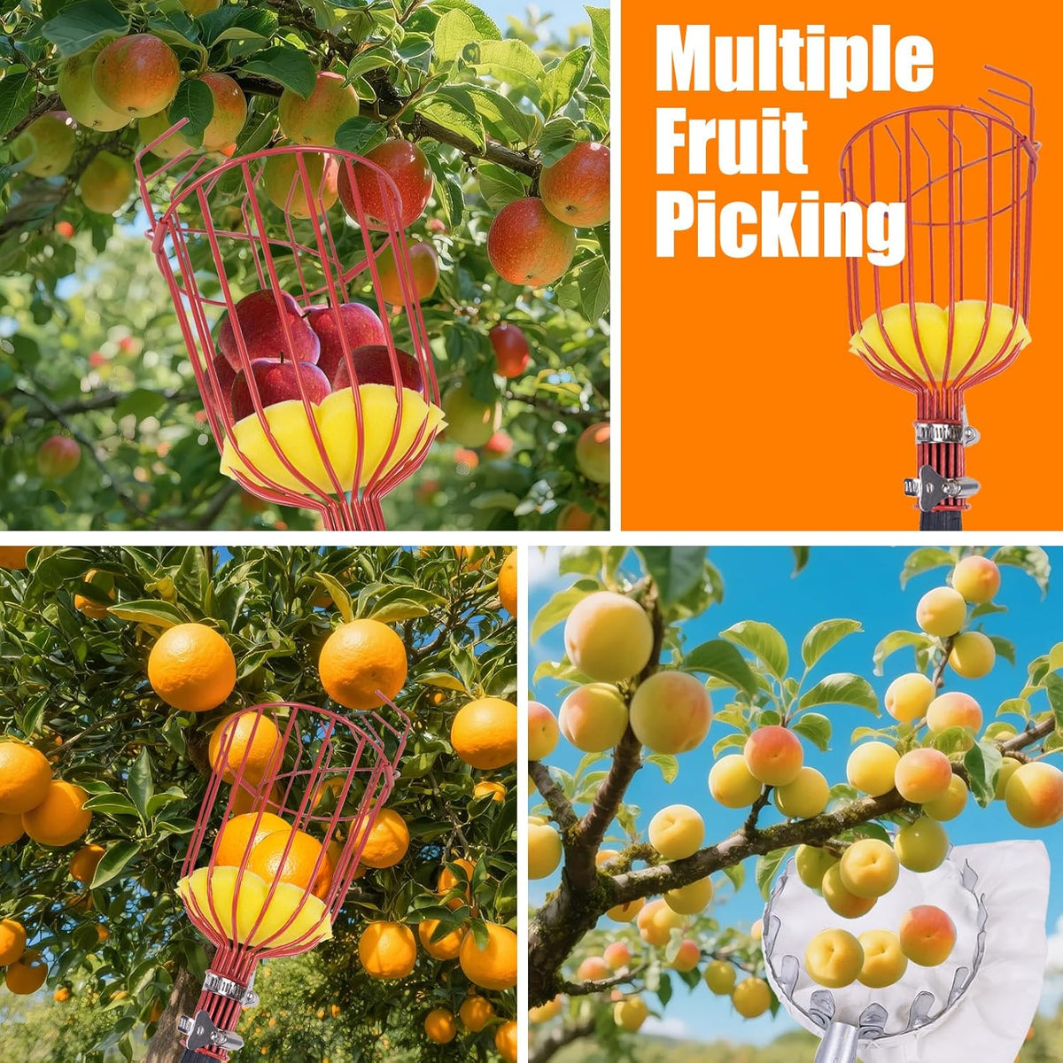 20FT Telescopic Fruit Picker With Wire Basket and Woven Basket,Adjustable Fruit Picker Pole With