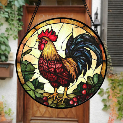 Stained Glass Window Hanging, Colorful Big Cock Sun Catcher for Window Door Home Decor, Chicken