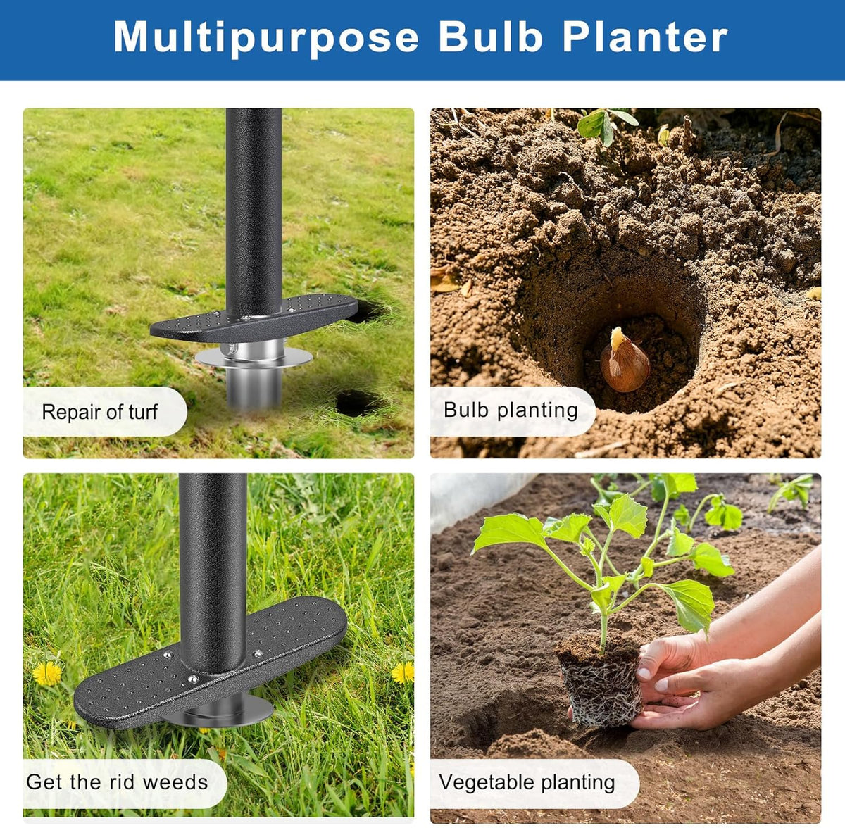BeneLabel Garden Bulb Planter Tool with Adjustable Digging Depth from 3 to 6 Inch Grass Plugger
