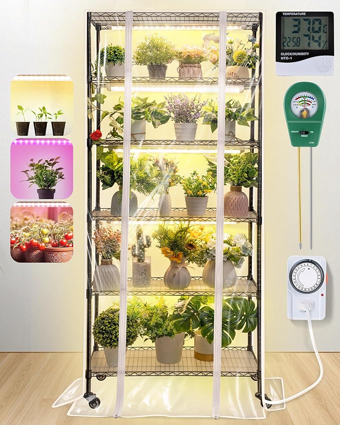 Meonum Plant Shelf with Grow Lights, 6 Tier DIY Metal Grow Rack with 90W LED Growing Lamps for Seed