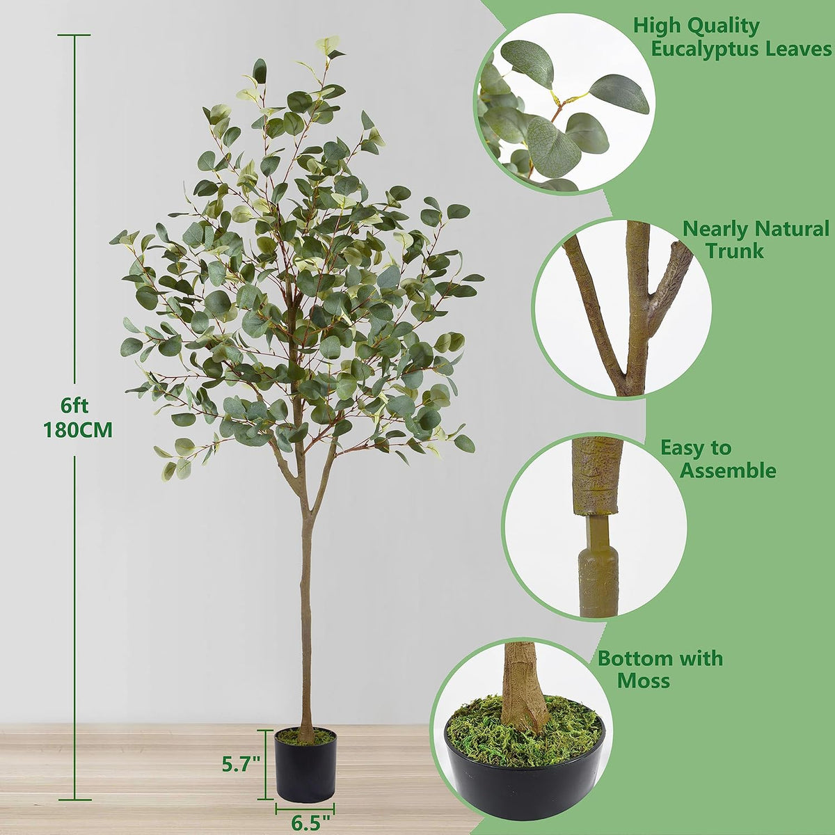 Artificial Eucalyptus Tree, 6ft Tall Fake Eucalyptus Plant with Basket, Green Silver Dollars Silk