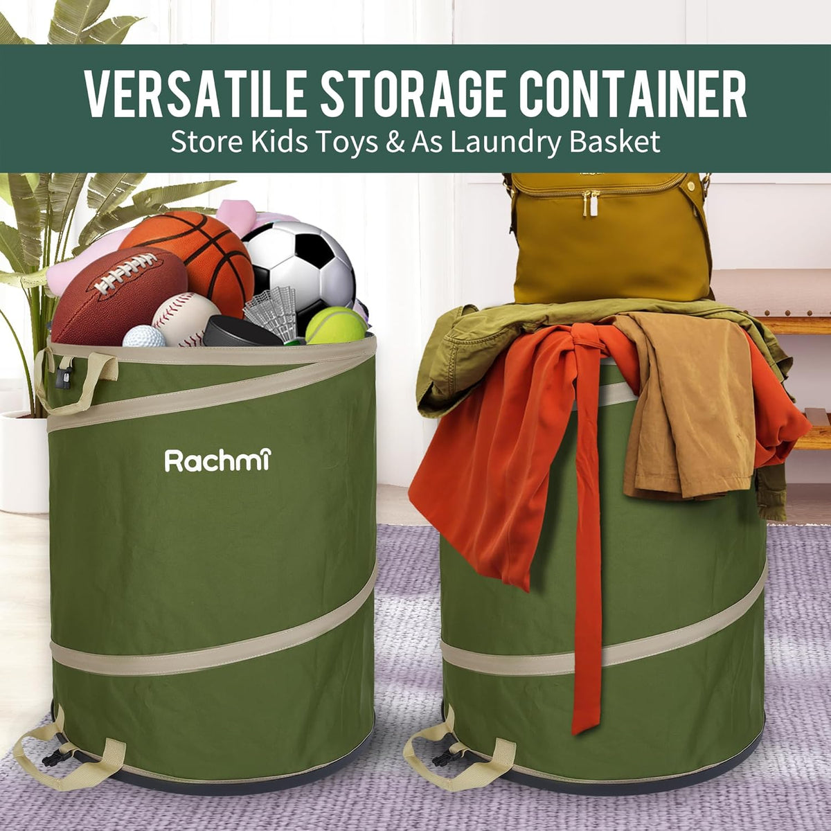 Rachmi 47 Gallon Collapsible Trash Can 2-Pack with Hard Bottom | Extra Large Reusable Yard Leaf
