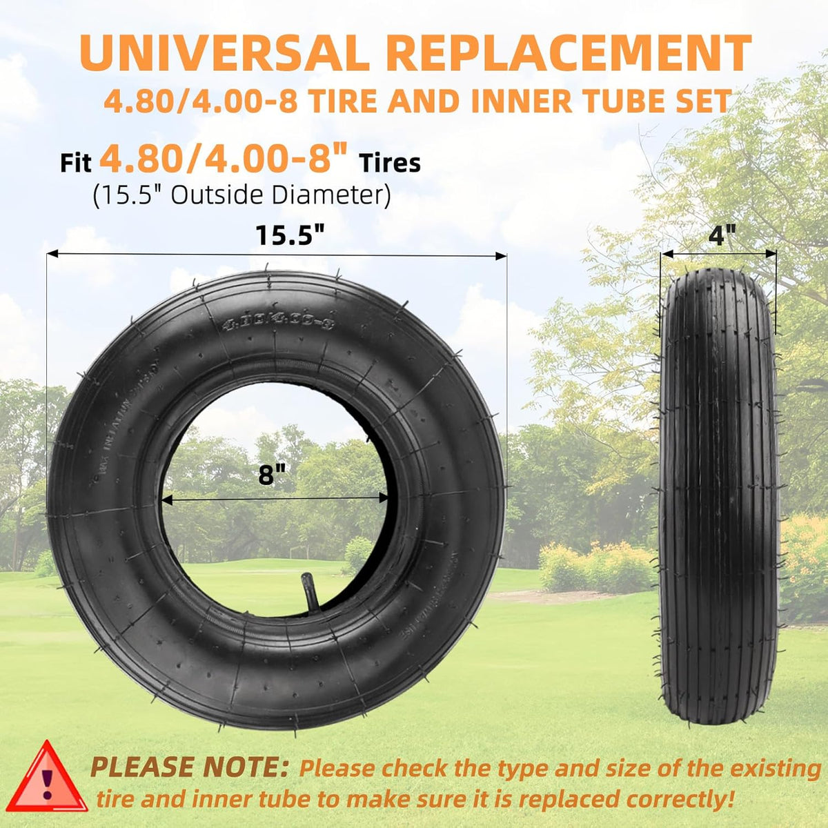 (1-Set) RRQ 4.80/4.00-8" Tire and Inner Tube Set, Universal Replacement Pneumatic Tires, Fits